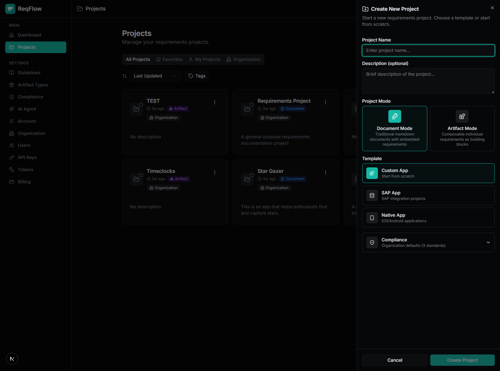 New project dialog with template options